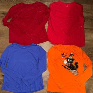 Girls Long Sleeve Tees - Red, Blue, Orange with Cat Design